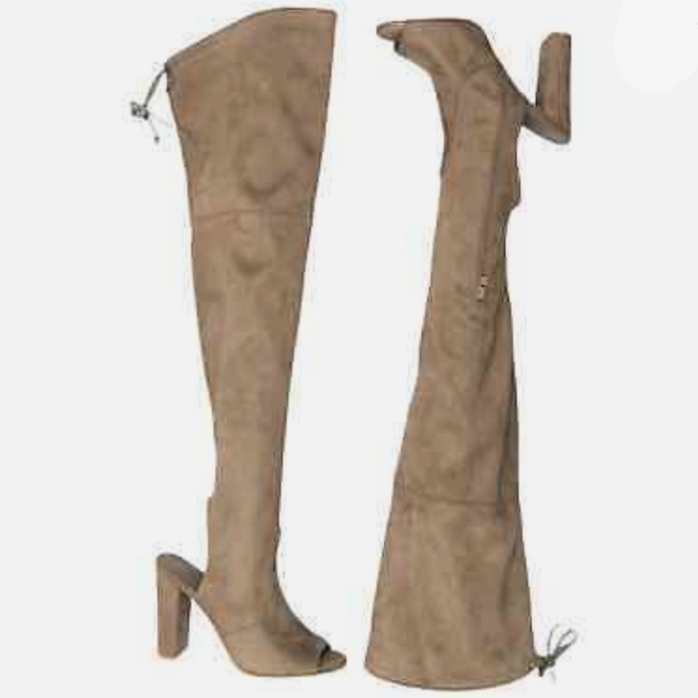 Tan suede over knee boots side zipper peeptoe tie back  of knee #1181
